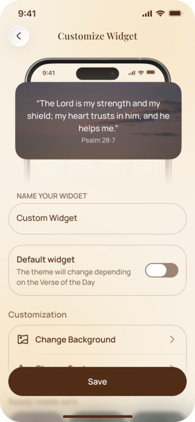 Bible Widgets widget customization screen with background and font options