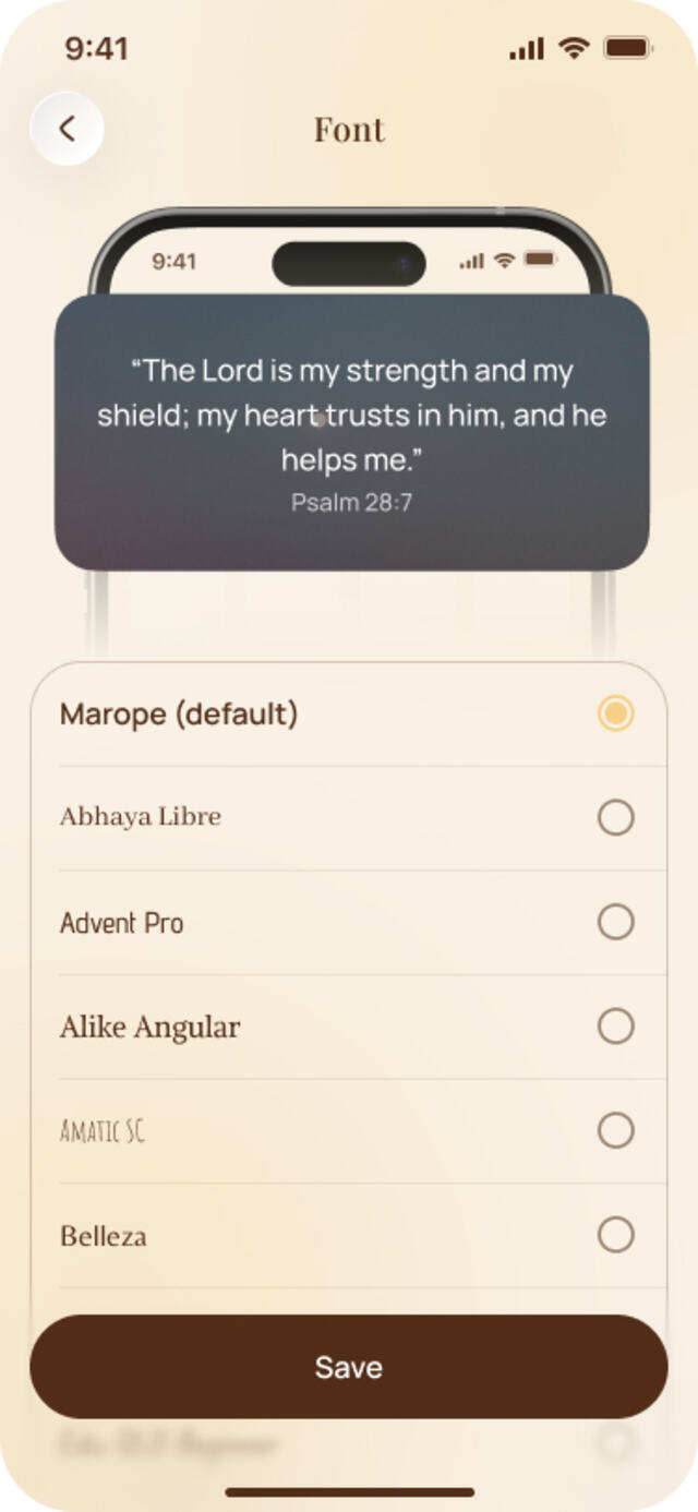 Font selection screen for the Bible: Widgets, Verses & Chat Bible widget