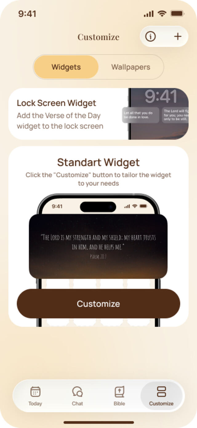 Bible: Widgets, Verses & Chat Customize tab with Lock Screen Widget and Standard Widget options