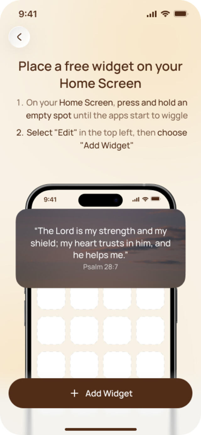 Bible: Widgets, Verses & Chat instructions for placing a free Bible widget on the iPhone Home Screen