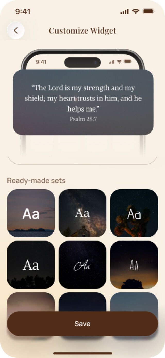 Ready-made background and font sets for the Bible: Widgets, Verses & Chat Bible widget
